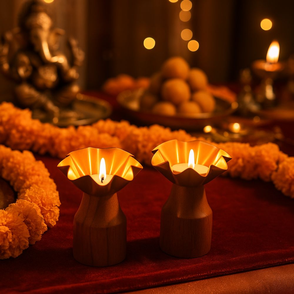 Rustic Bloom Wooden Tealight Holders With Golden Flower Design - Set of 2