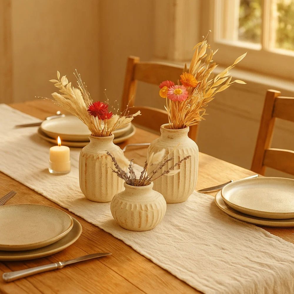 Rustic Handmade Ceramic Pottery Vase Set of 3 With Dried Bunch