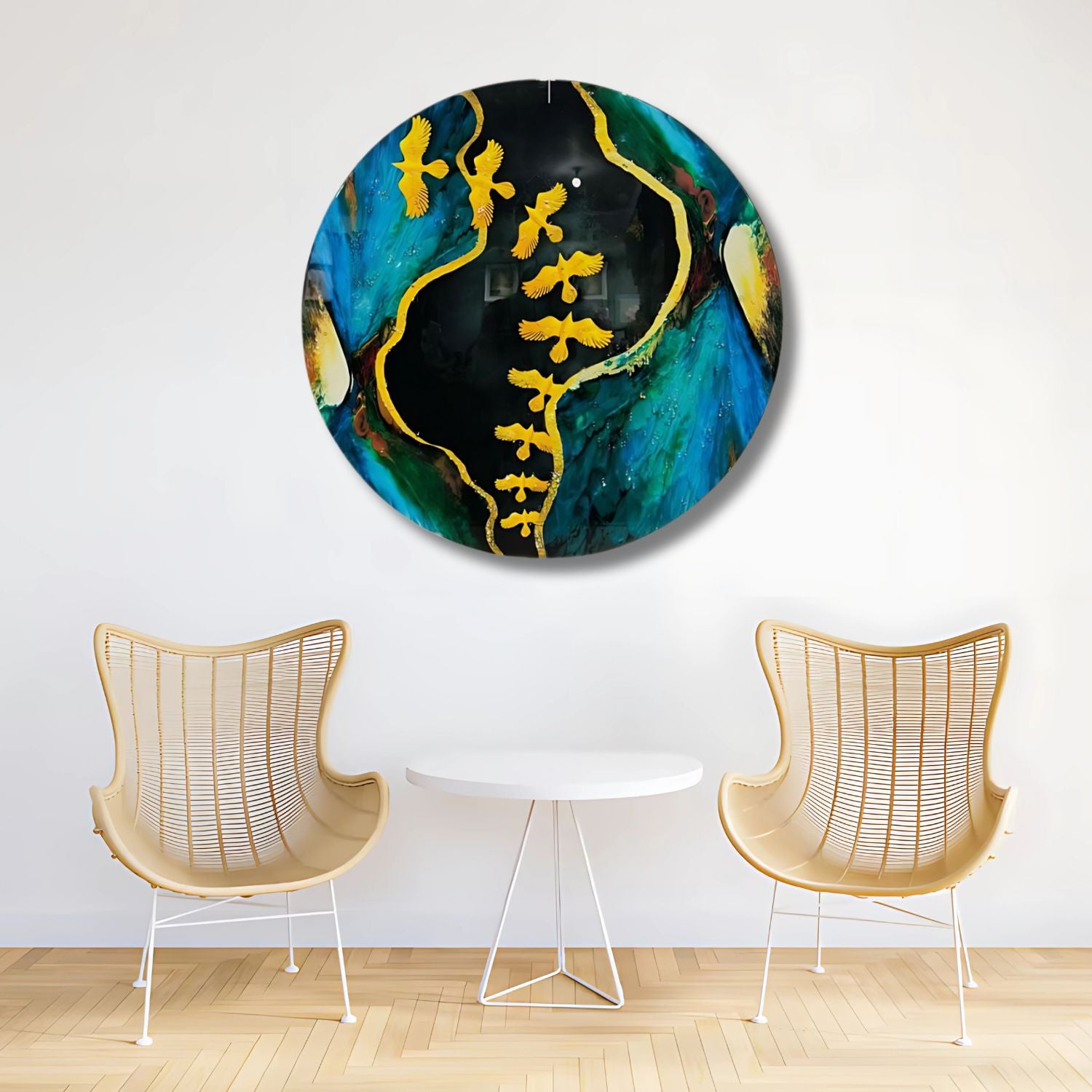 Abstract Round Wall Art With Golden Birds and Blue Tones
