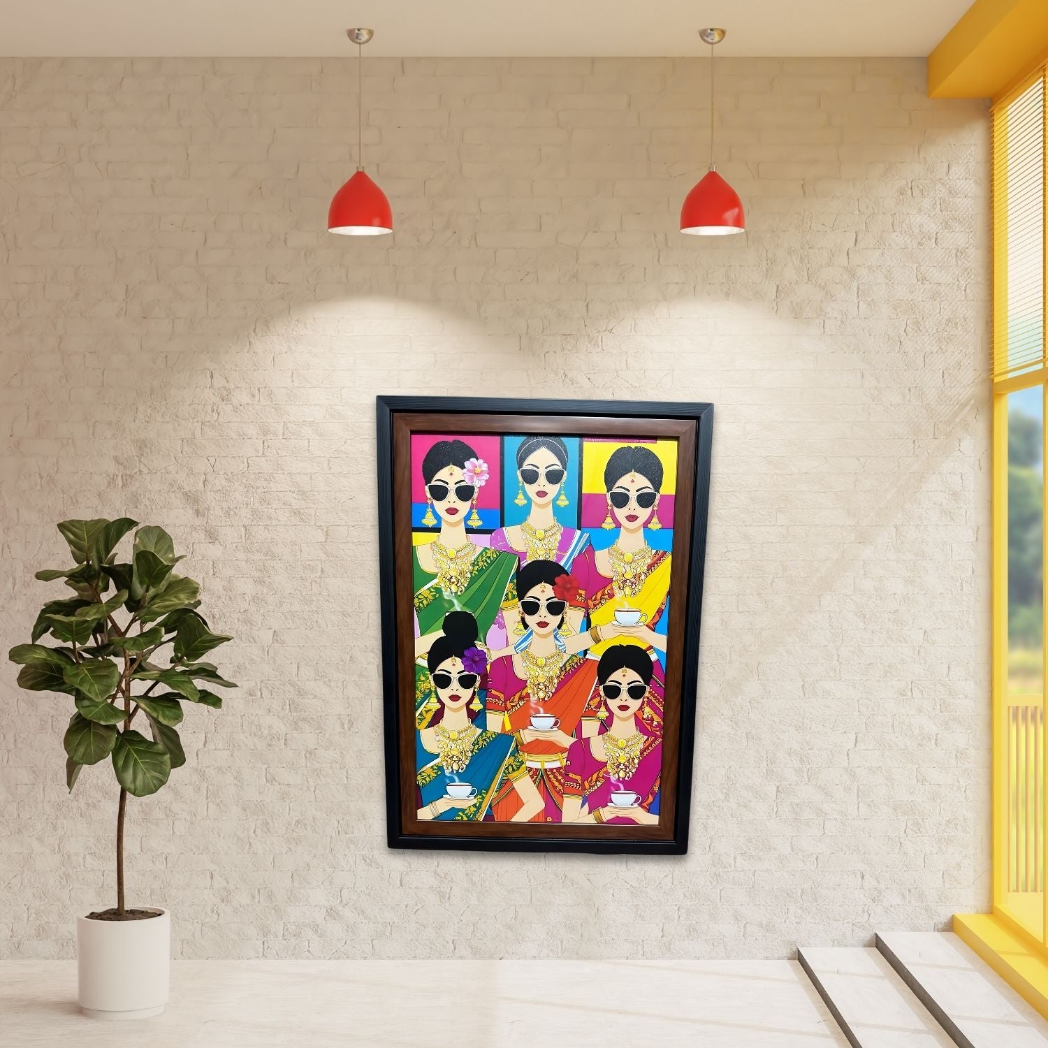 Elegant South Indian Women Pop Art Painting With Frame For Wall Decor