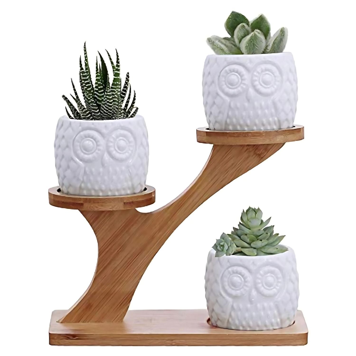 Elegant Multi-Tier Bamboo Plant Stand With 3 Ceramic Owl Planters