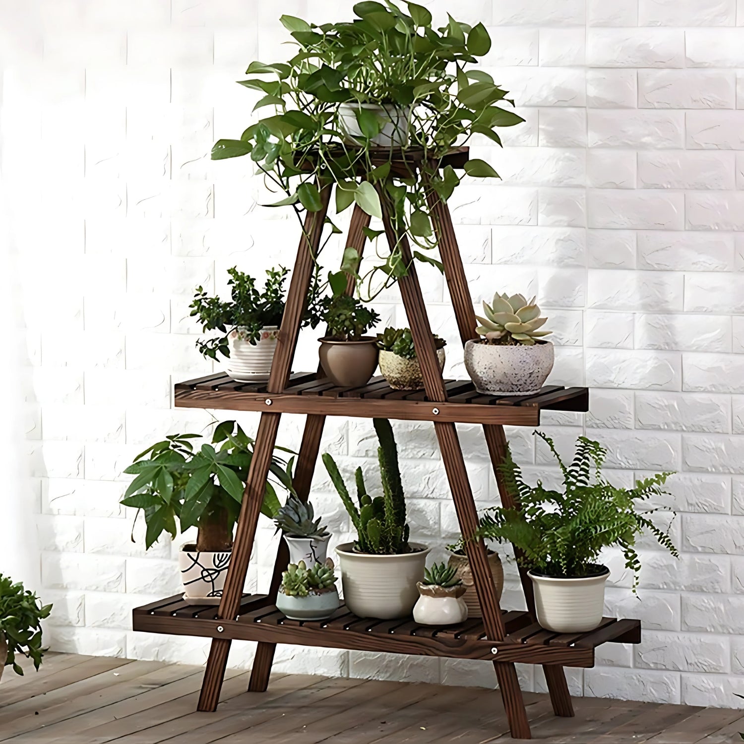 Elegant Wooden Triangular Multi-Tier Plant Stand For Indoor Outdoor Display