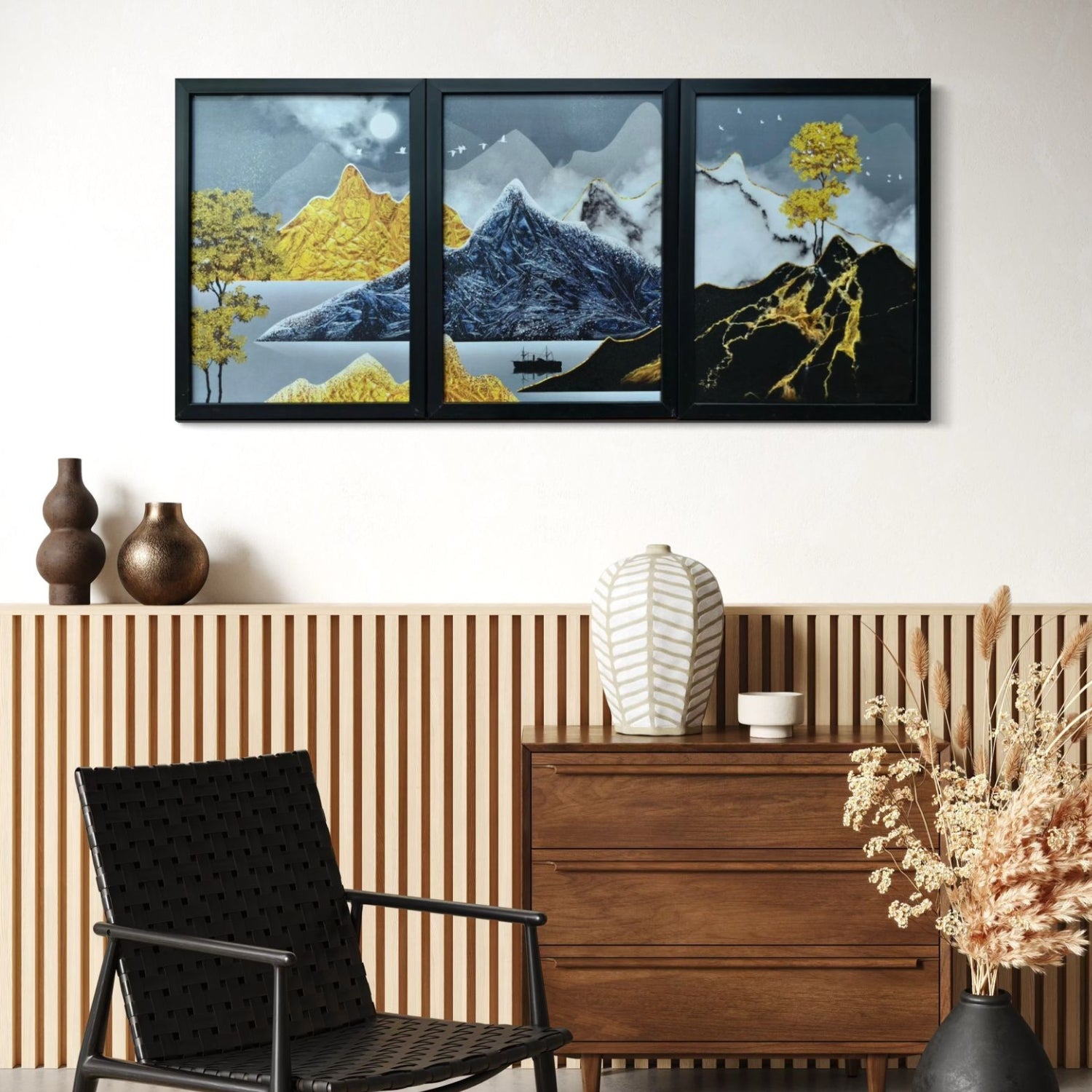 Abstract Golden Mountain Landscape Wall Art Set - 3 Framed Nature-Inspired Prints