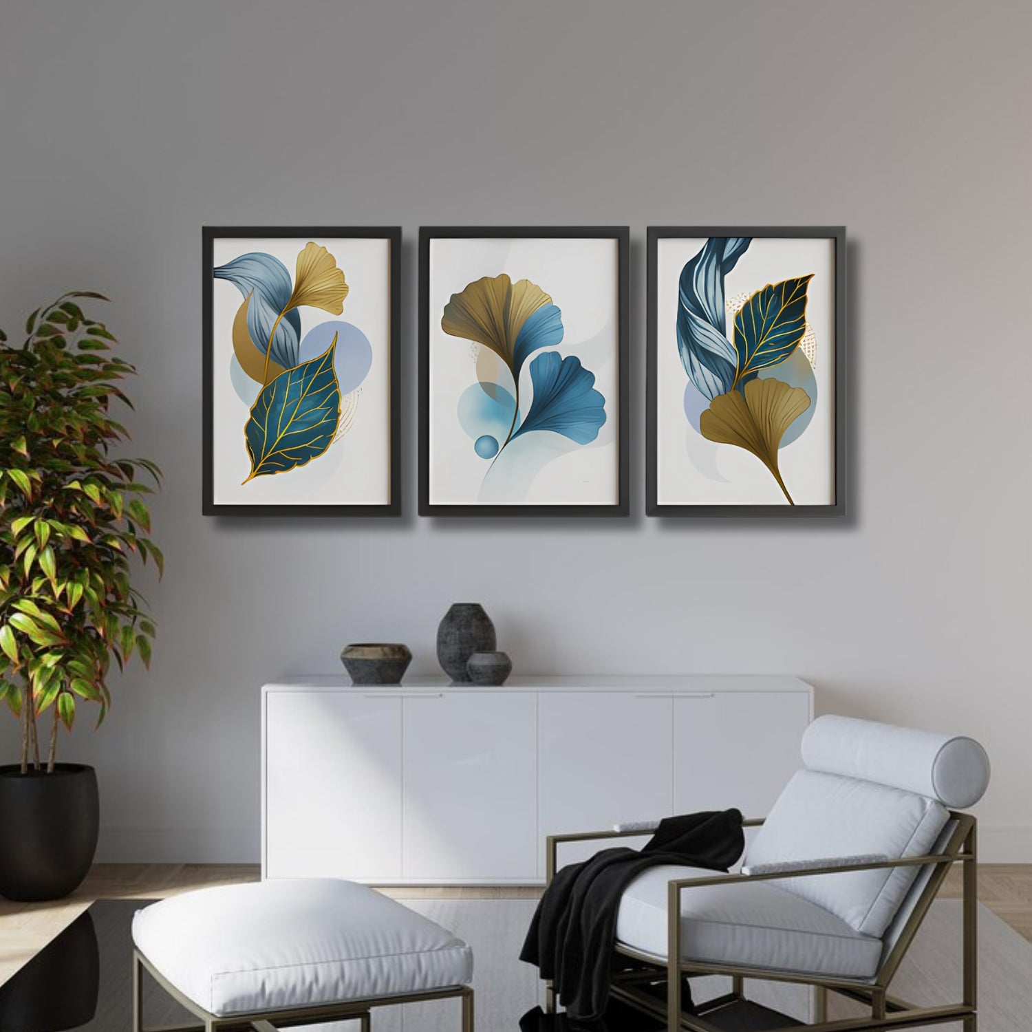 Modern Blue and Gold Abstract Leaf Canvas Wall Art Set