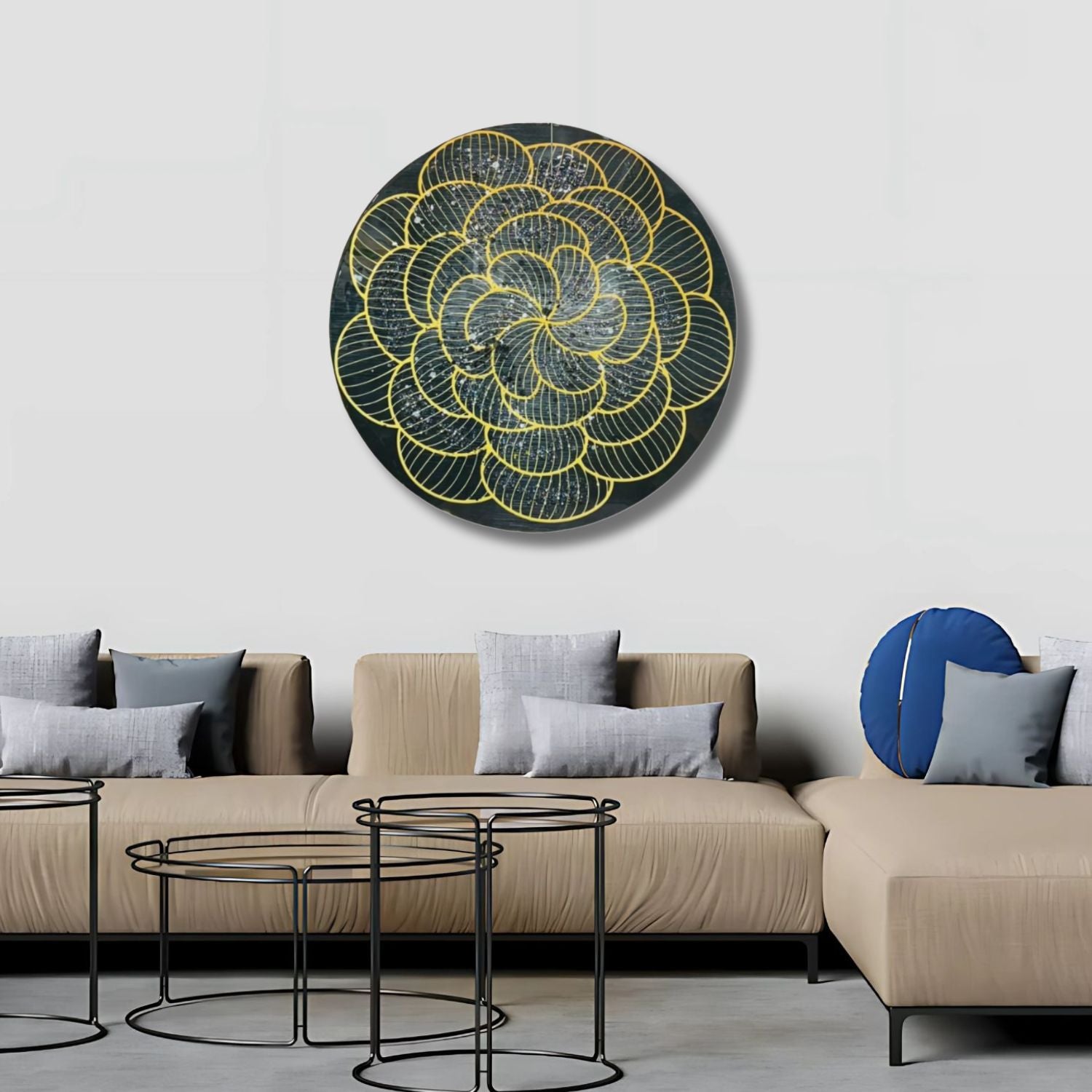Modern Geometric Round Wall Art With Golden Floral Design