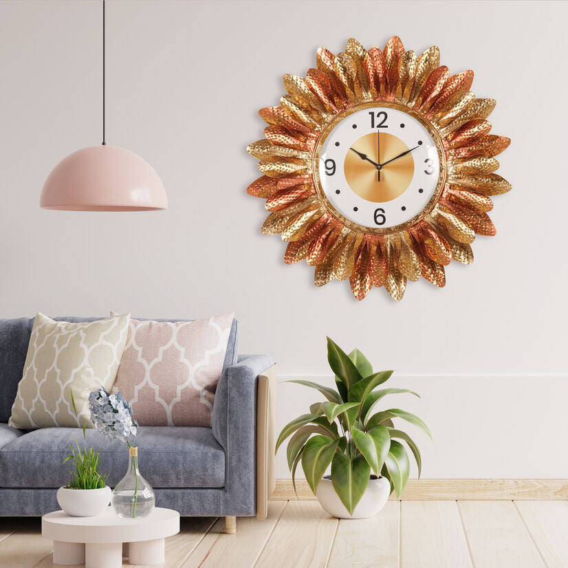 Golden Sunflower Wall Clock with Decorative Metal Petals Design