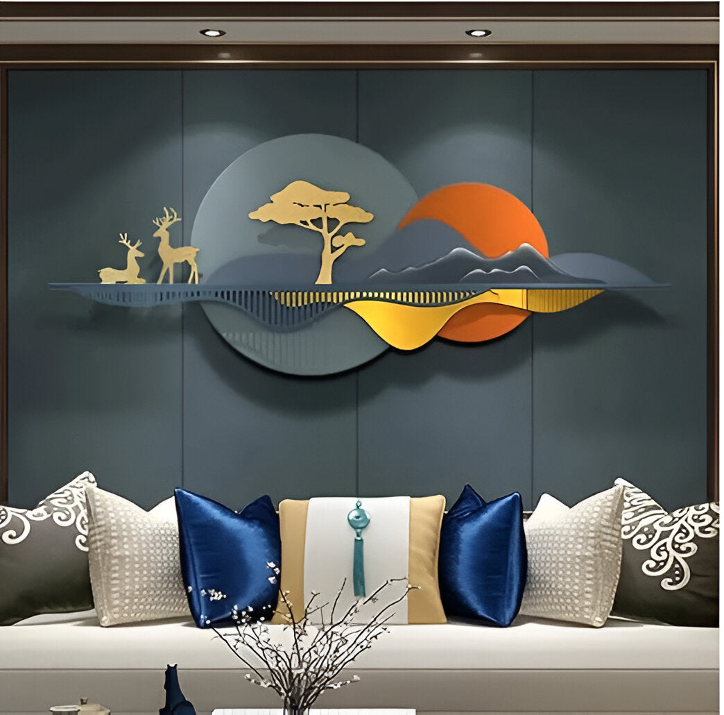 Modern 3D Metal Wall Art – Sunset & Mountain Landscape