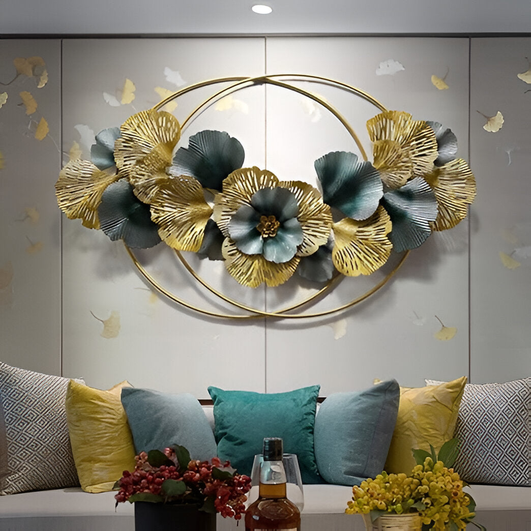 Luxury Floral Metal Wall Art – Gold & Teal Bloom Design