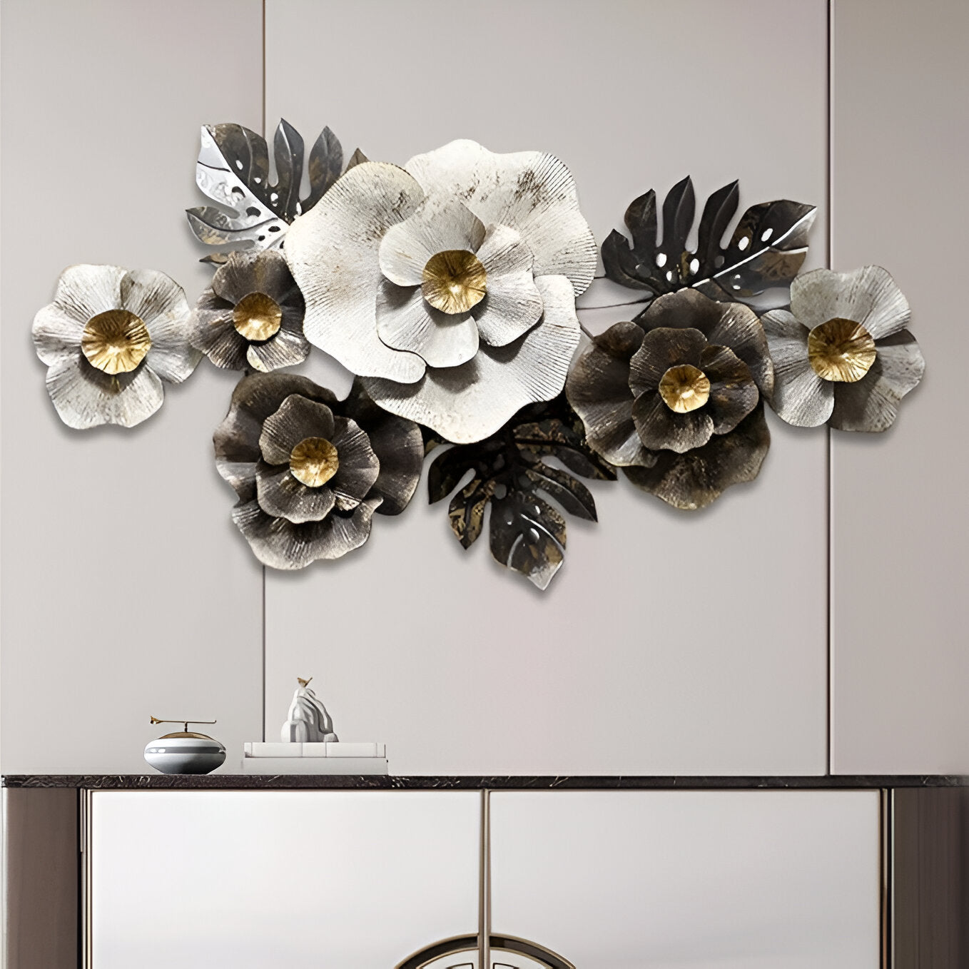 Luxury 3D Metal Wall Art – Black & White Floral Elegance