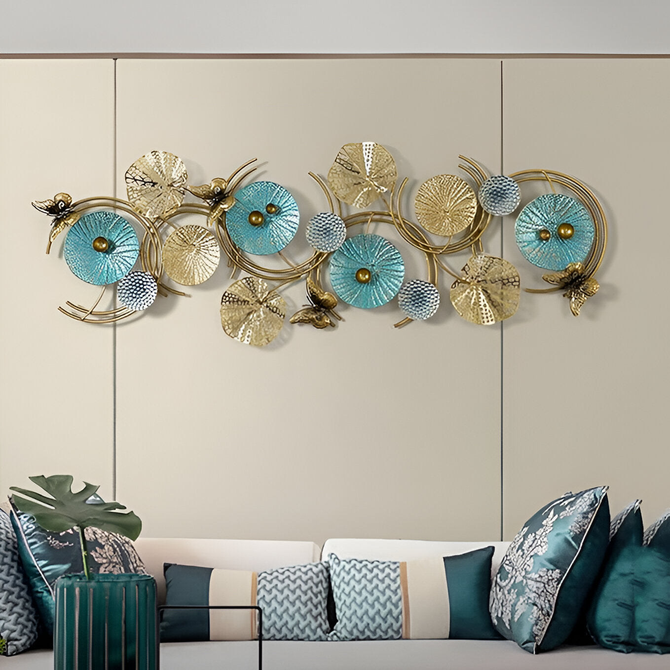Elegant 3D Metal Wall Art – Gold & Teal Abstract Circles
