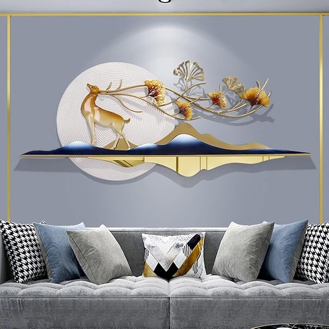 Elegant 3D Metal Wall Art – Golden Deer & Nature Scene