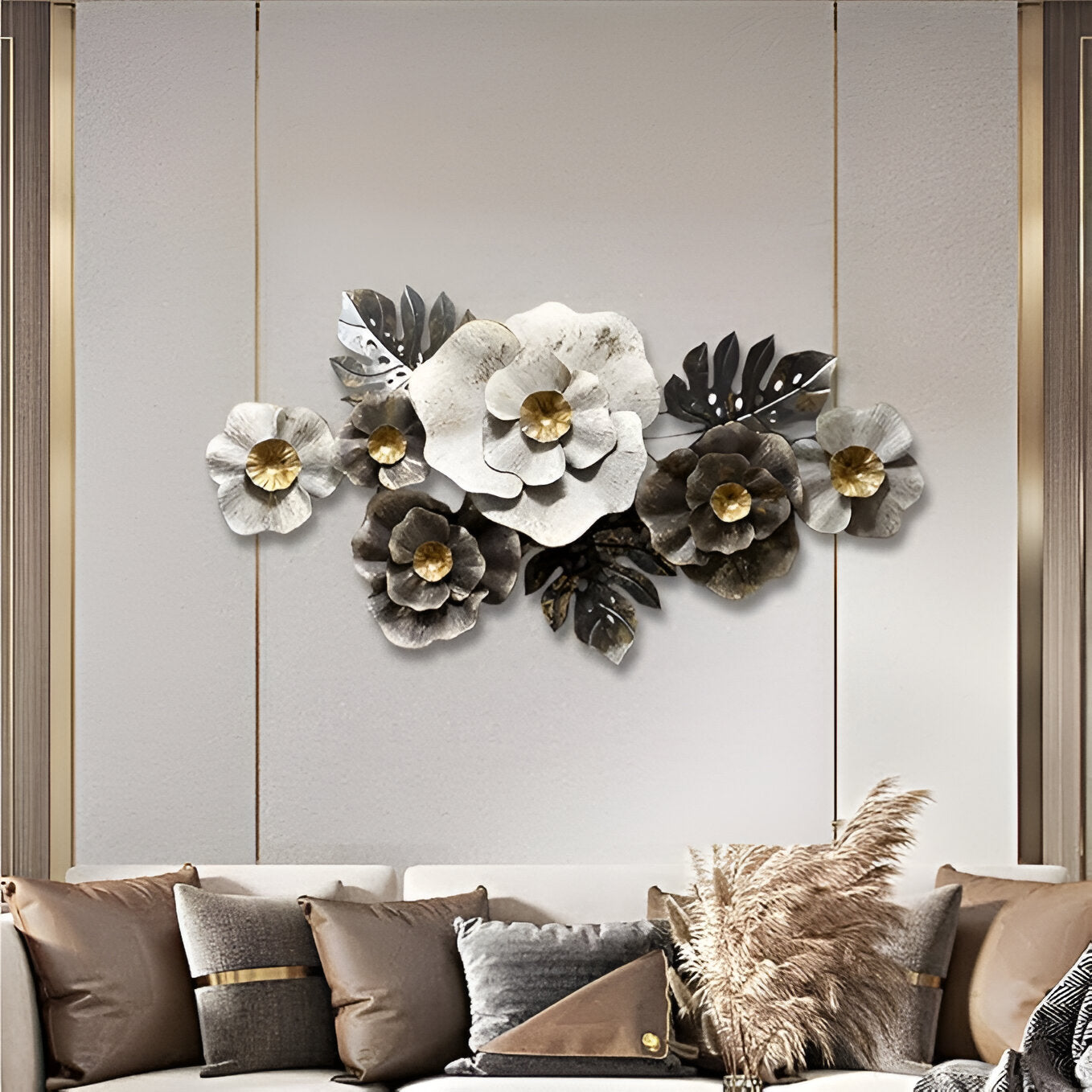 Luxury 3D Metal Wall Art – Black & White Floral Elegance