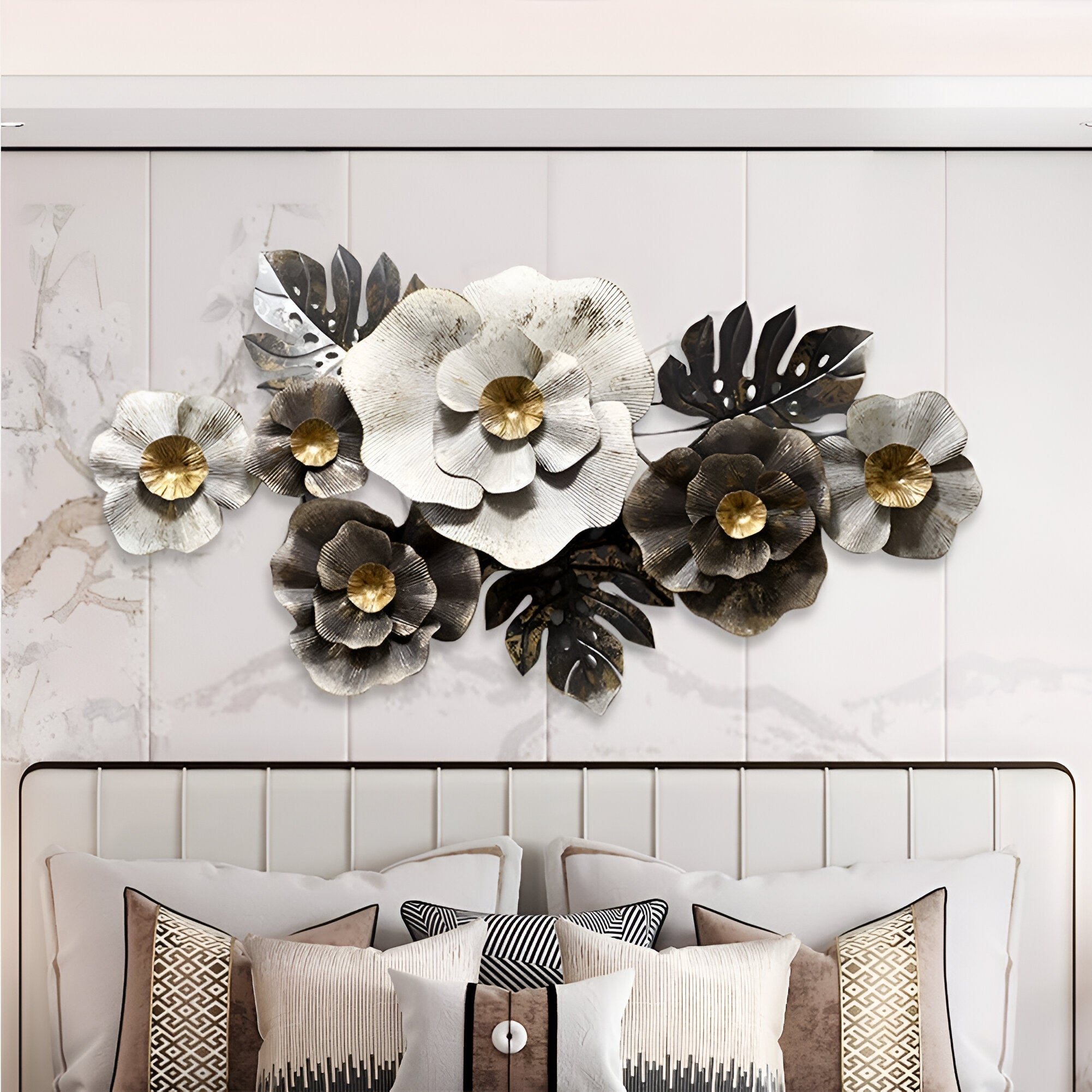 Luxury 3D Metal Wall Art – Black & White Floral Elegance