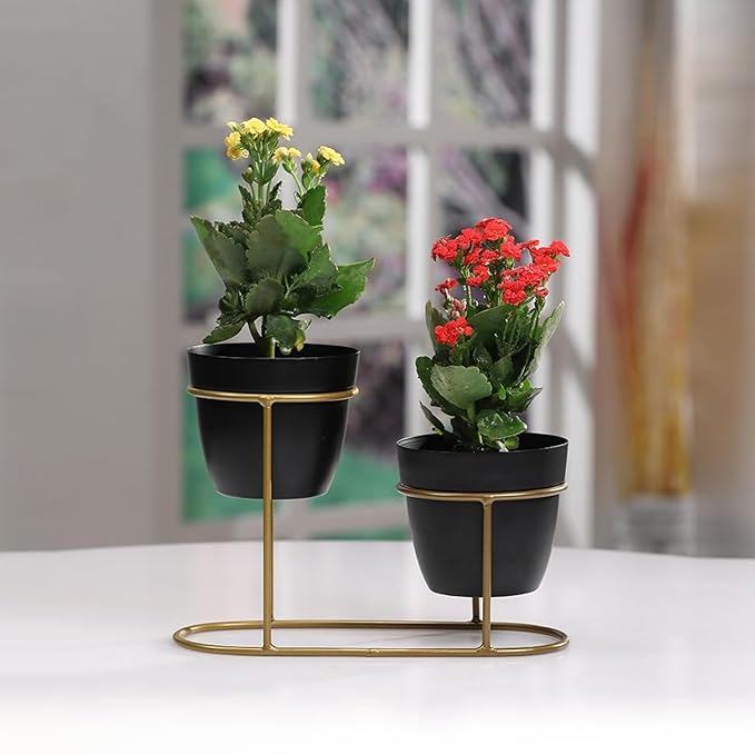 Modern Metal Plant Stand with Dual Black Pots – Elegant Decor