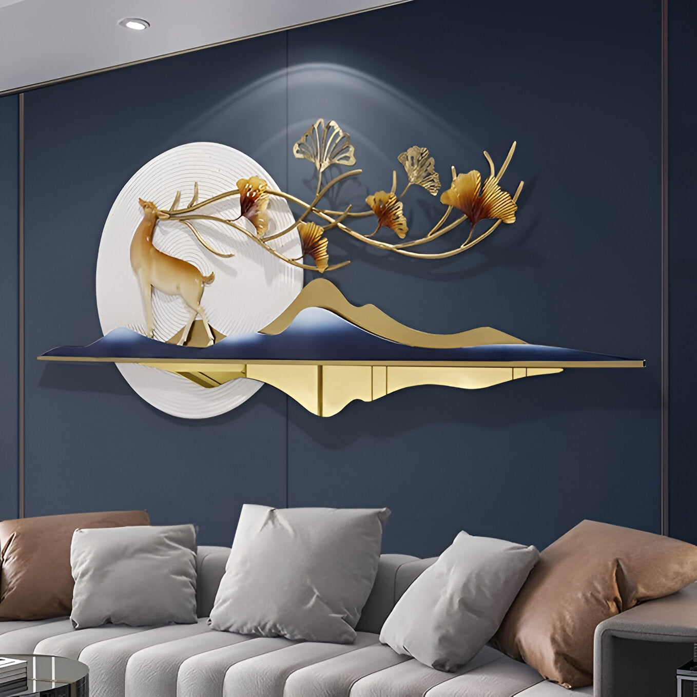 Elegant 3D Metal Wall Art – Golden Deer & Nature Scene