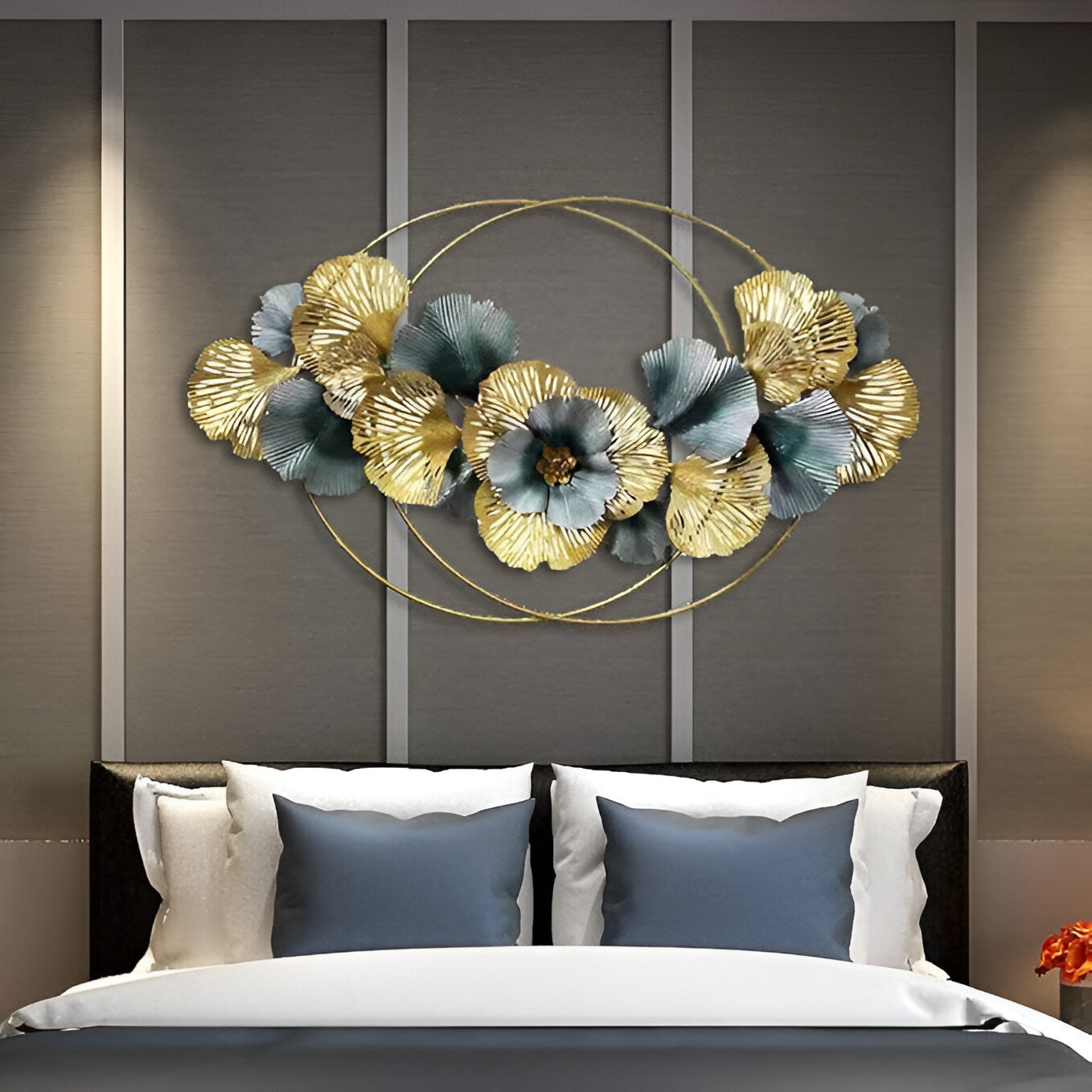 Luxury Floral Metal Wall Art – Gold & Teal Bloom Design