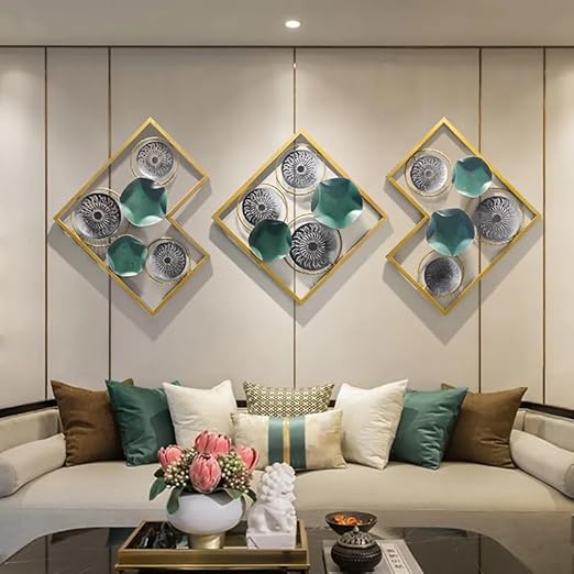 Modern 3D Geometric Metal Wall Art – Gold & Teal Accents