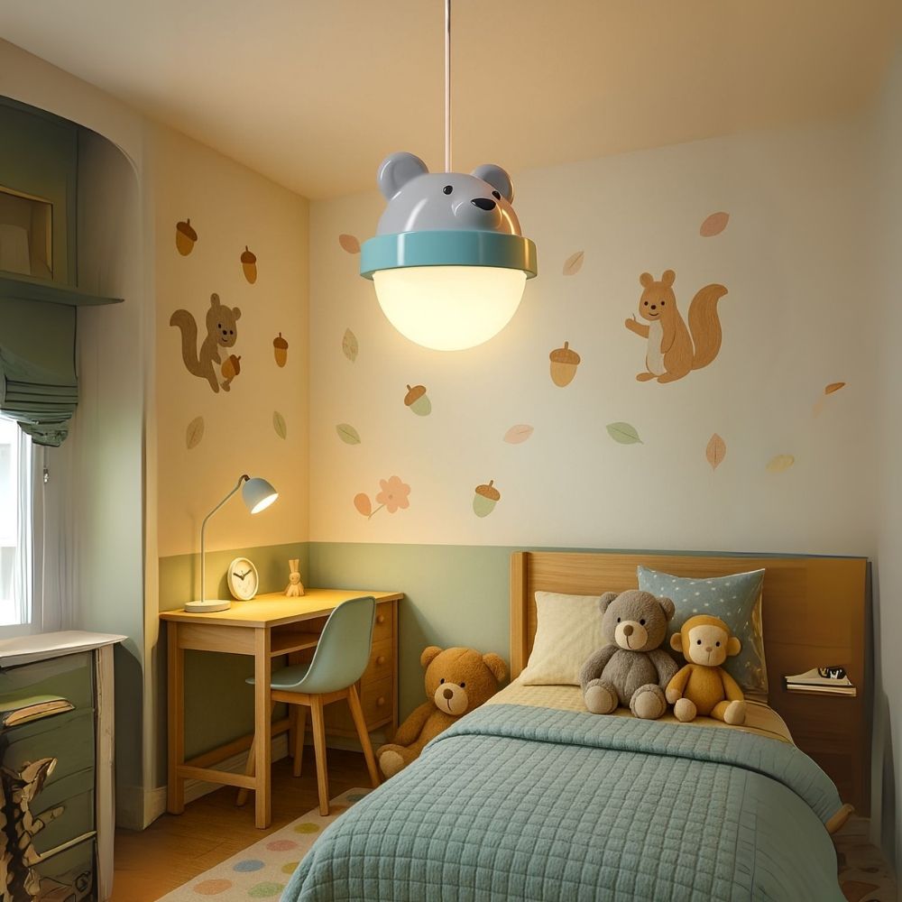 Adorable Bunny & Bear Pendant Light - White & Blue/Pink LED Kids Room Lamp