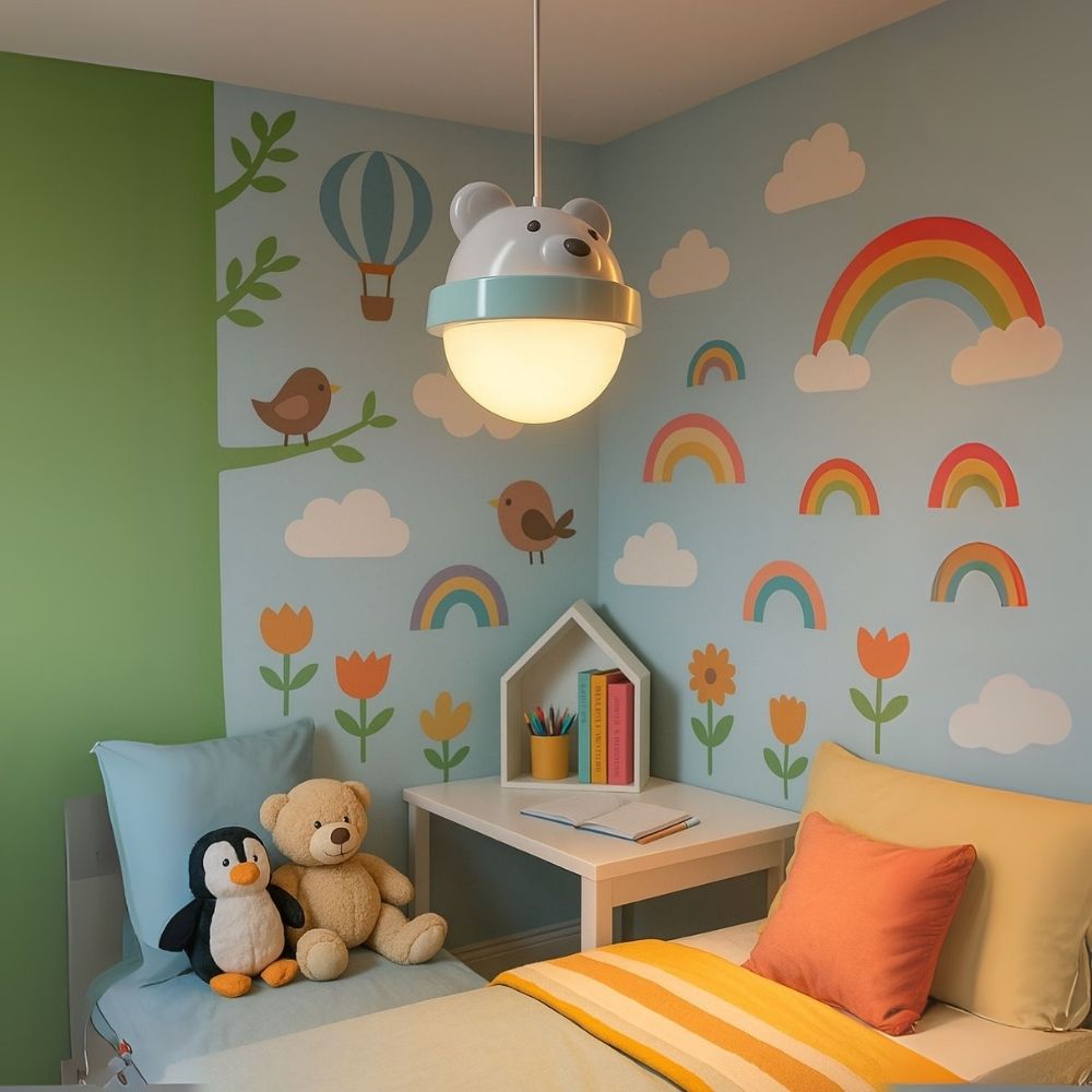 Adorable Bunny & Bear Pendant Light - White & Blue/Pink LED Kids Room Lamp