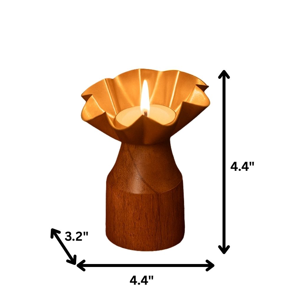 Rustic Bloom Wooden Tealight Holders With Golden Flower Design - Set of 2