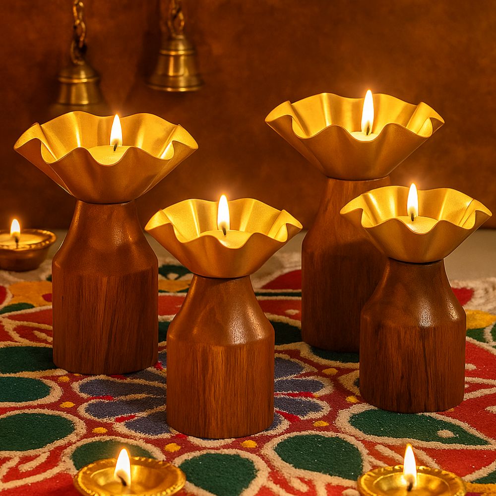 Rustic Charm Wooden Tealight Holders in Diwali Gift Box - Set of 4