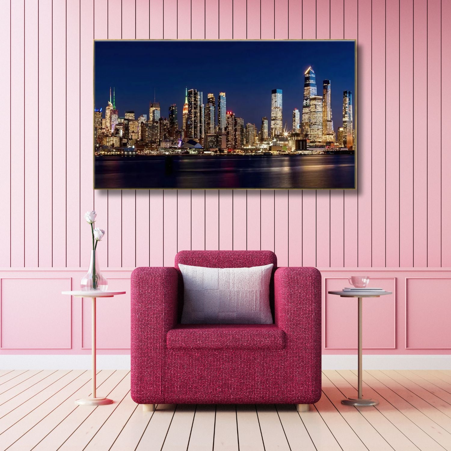 Stunning Night City Skyline Framed Canvas Wall Art - Modern Urban Decor