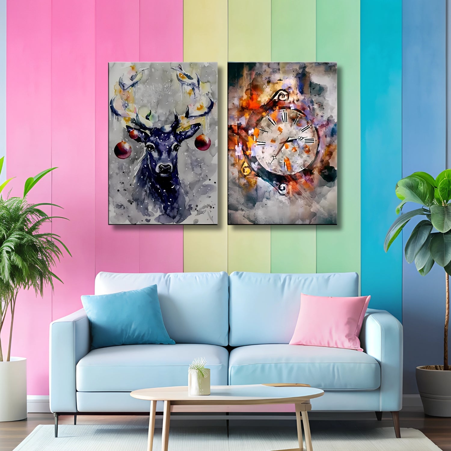 Vibrant Deer and Clock Abstract Wall Art Set on Canvas Frame