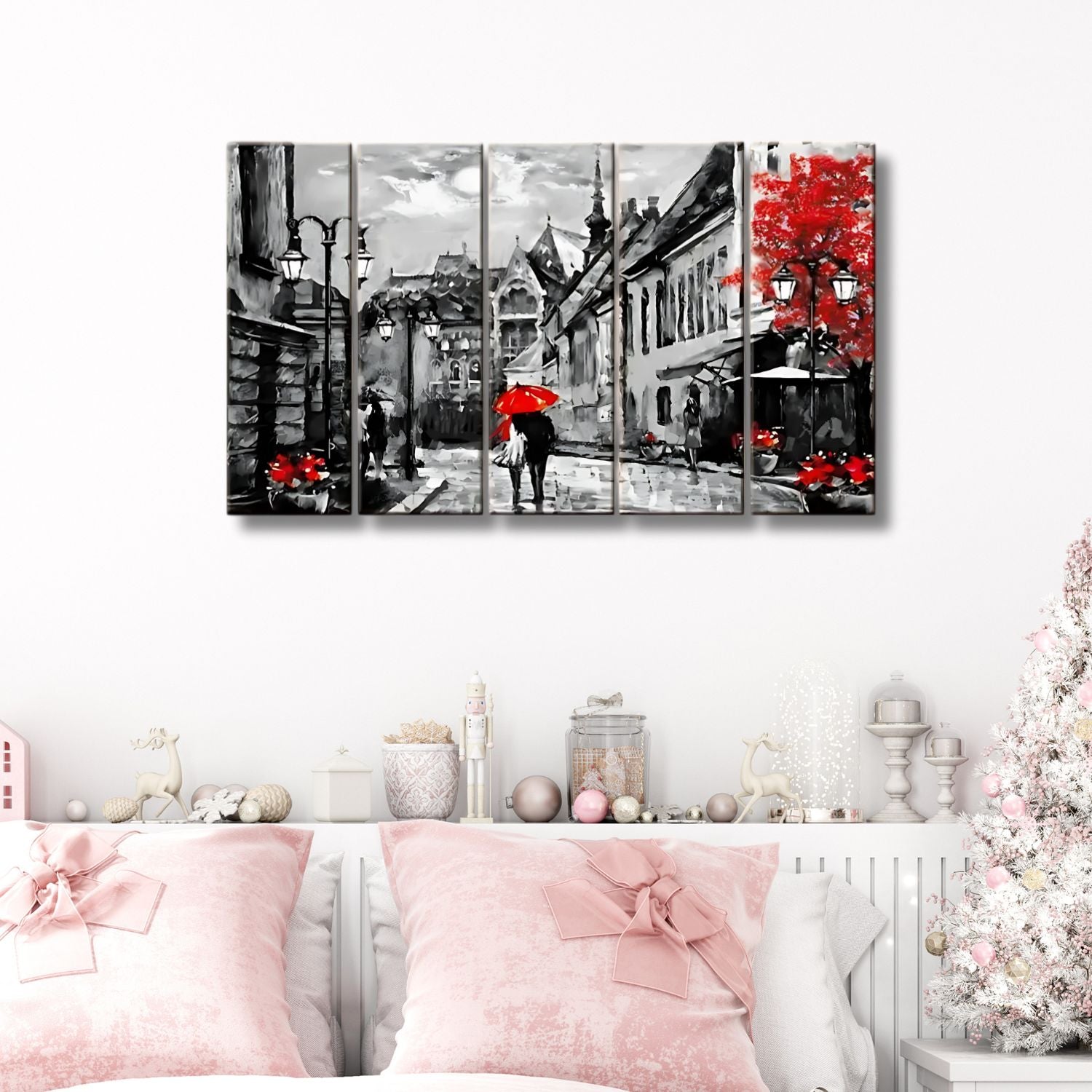 Romantic Couple Red Umbrella Cityscape Canvas Wall Art