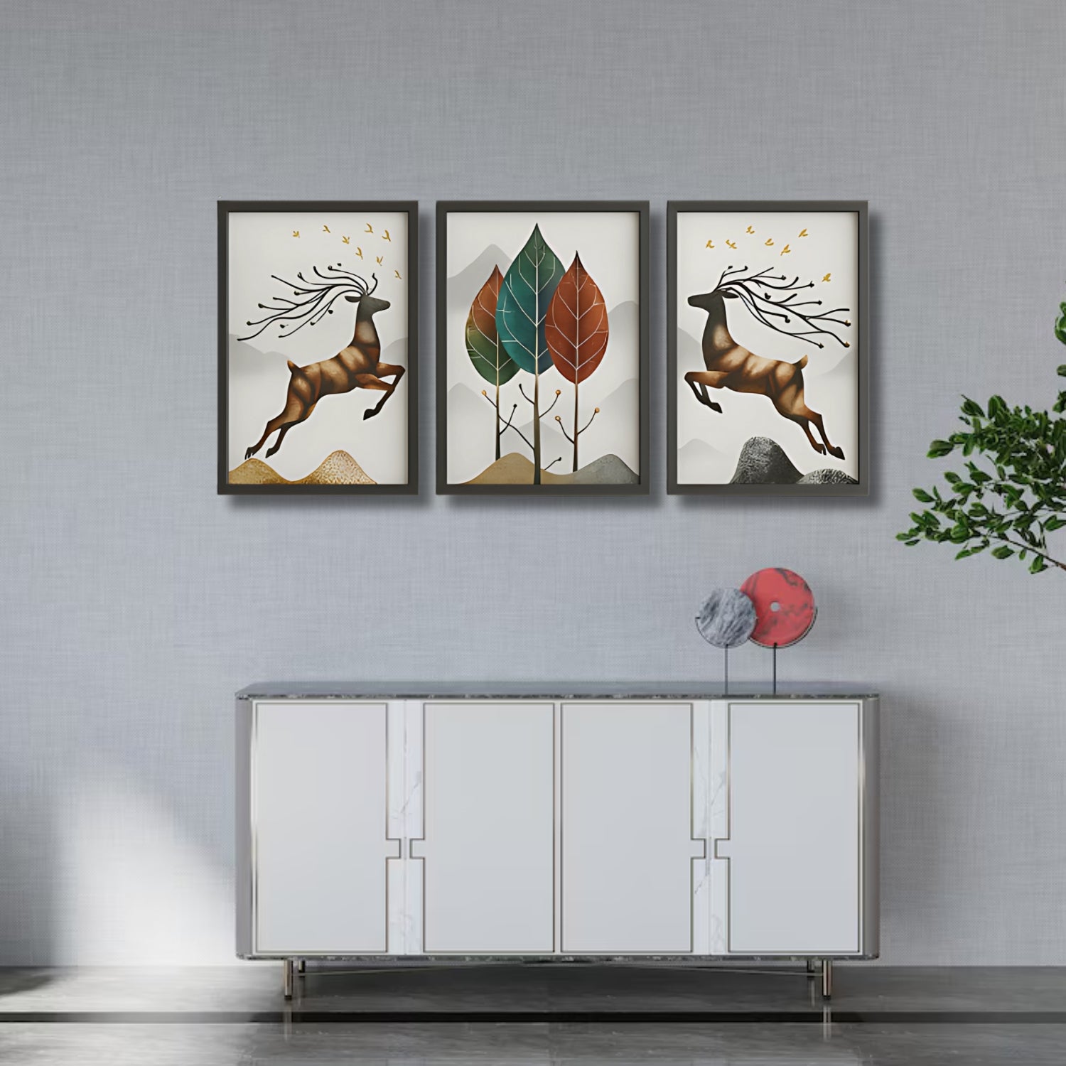 Elegant Nordic Style Deer and Leaf Canvas Wall Art Set