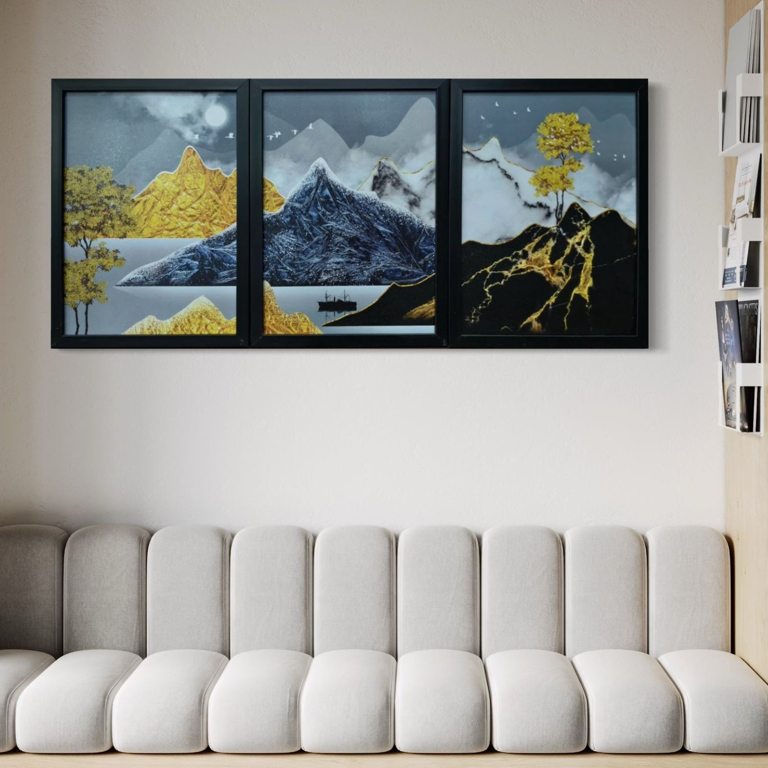 Abstract Golden Mountain Landscape Wall Art Set - 3 Framed Nature-Inspired Prints
