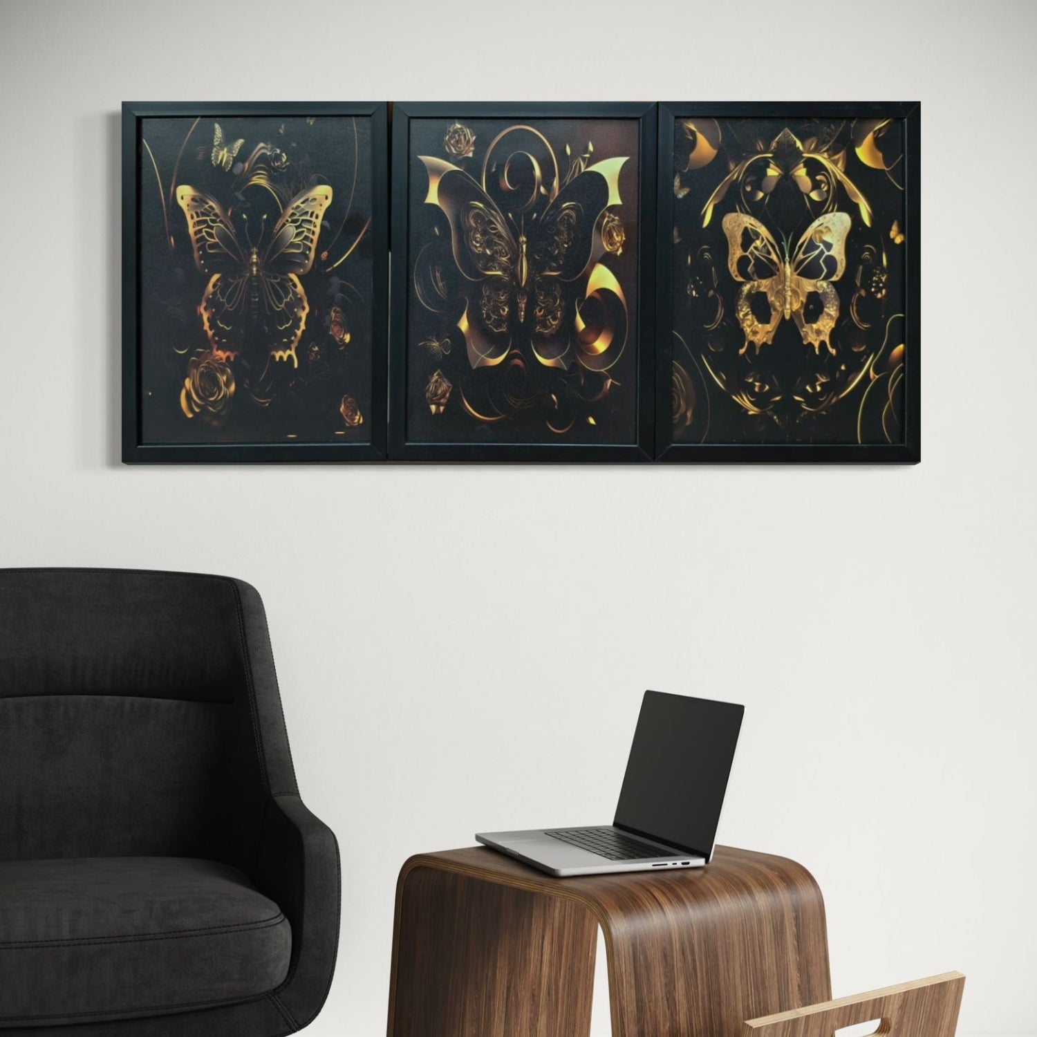 Luxury Black and Gold Butterfly Canvas Wall Art Trio Set