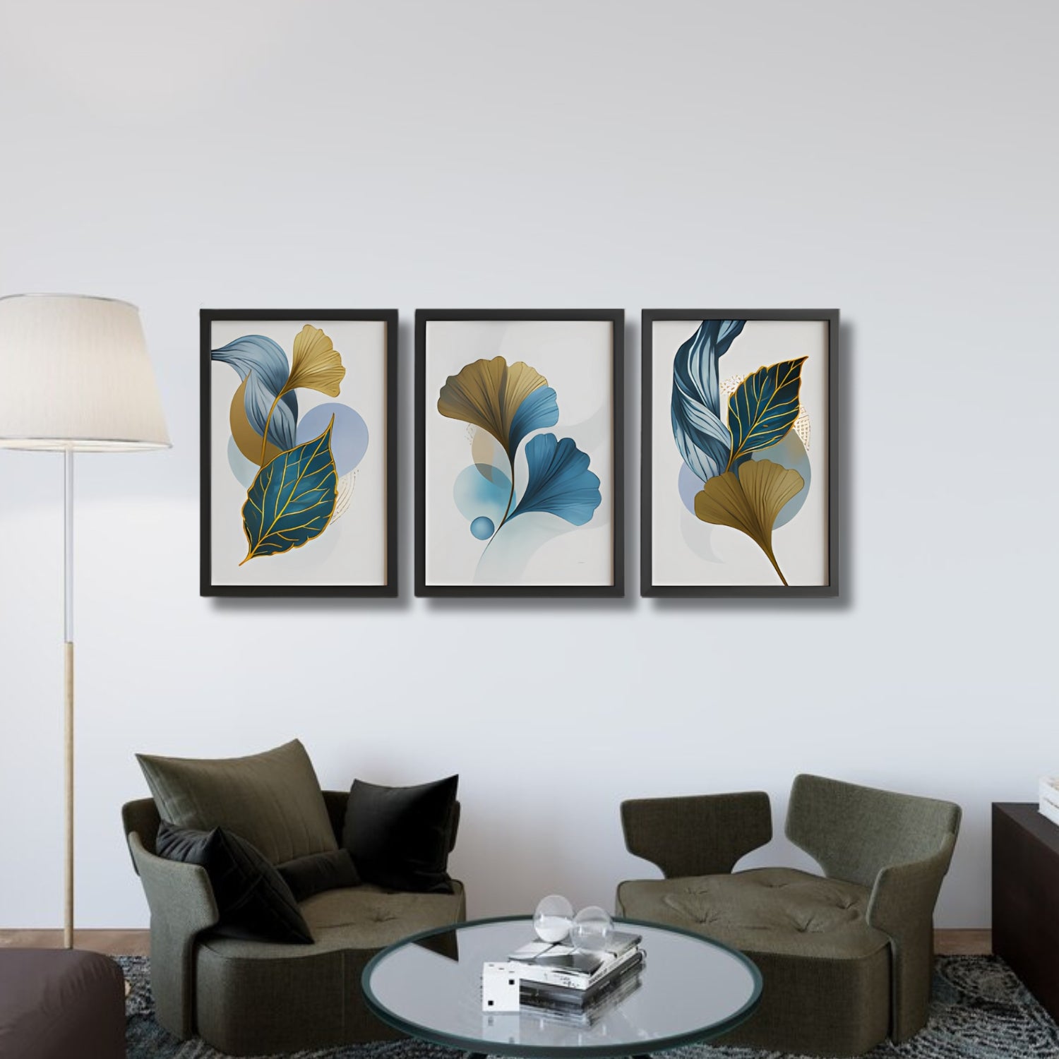 Modern Blue and Gold Abstract Leaf Canvas Wall Art Set