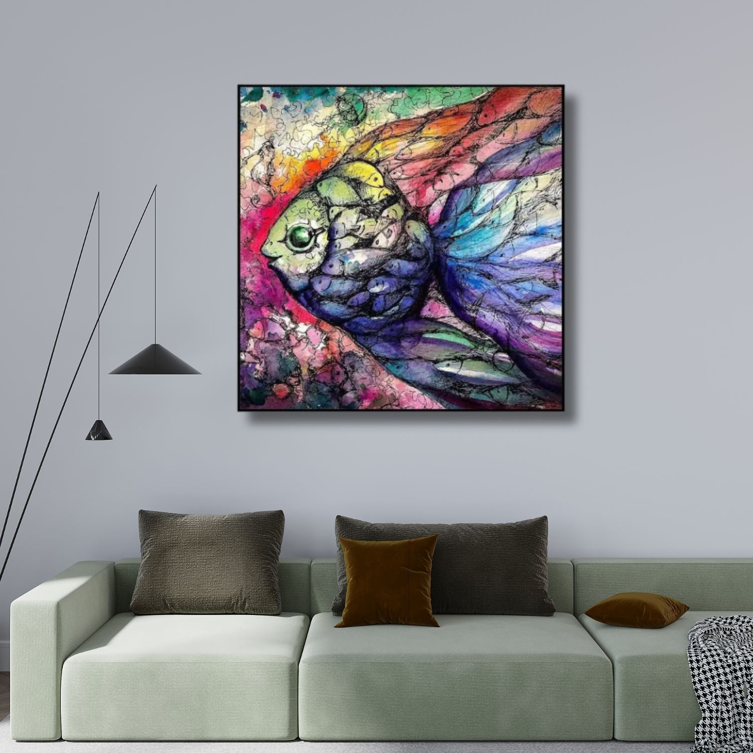 Vivid Aquatic Dreams - Abstract Colorful Fish Canvas Wall Art With Frame
