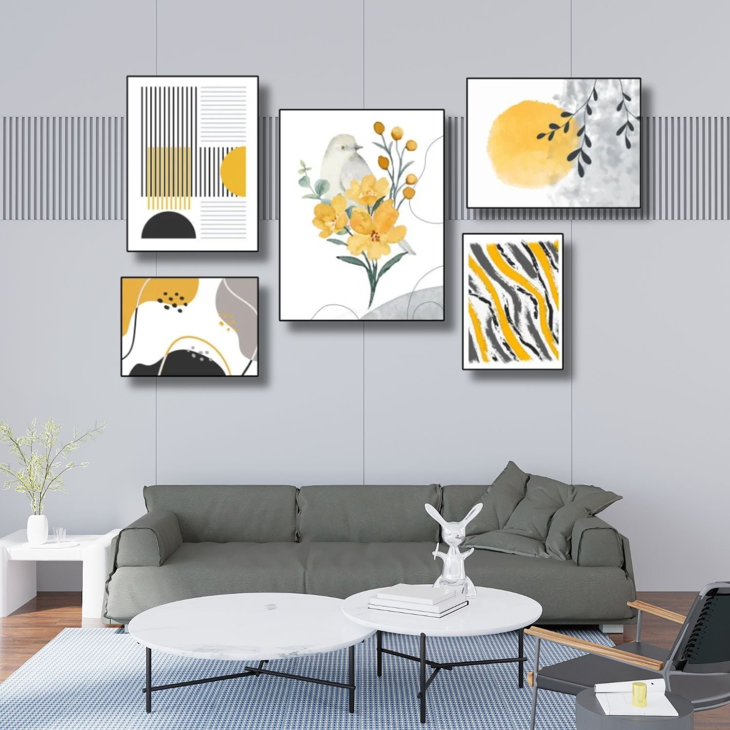Modern Nature Inspired Abstract Wall Art Set With Bird and Flowers