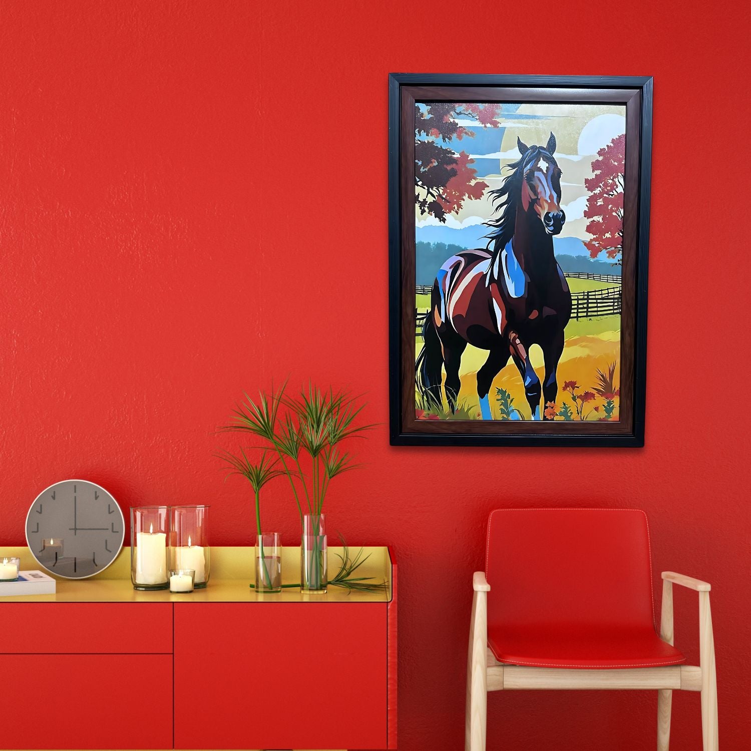 Majestic Horse in Autumn Field - Colorful Framed Farmhouse Wall Art Print