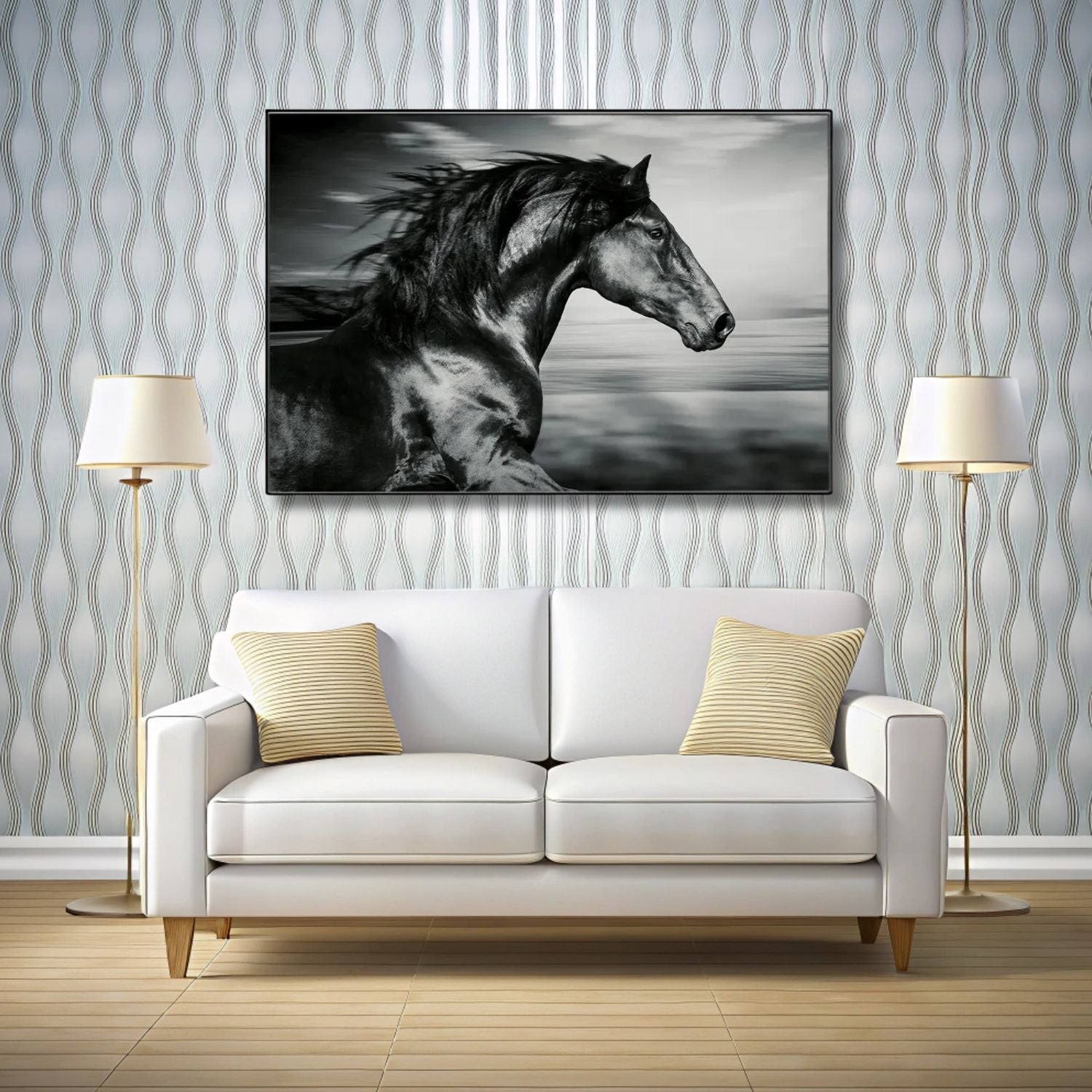 Black Stallion Running Wall Art With Bold Monochrome Canvas Print