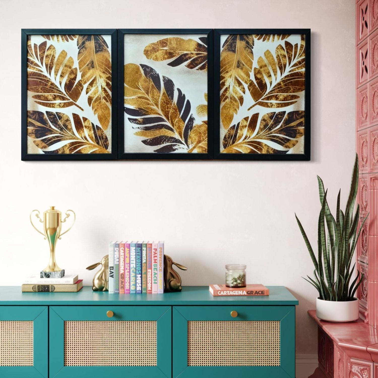 Abstract Golden Leaf Wall Art Set - 3 Framed Botanical Prints for Decor
