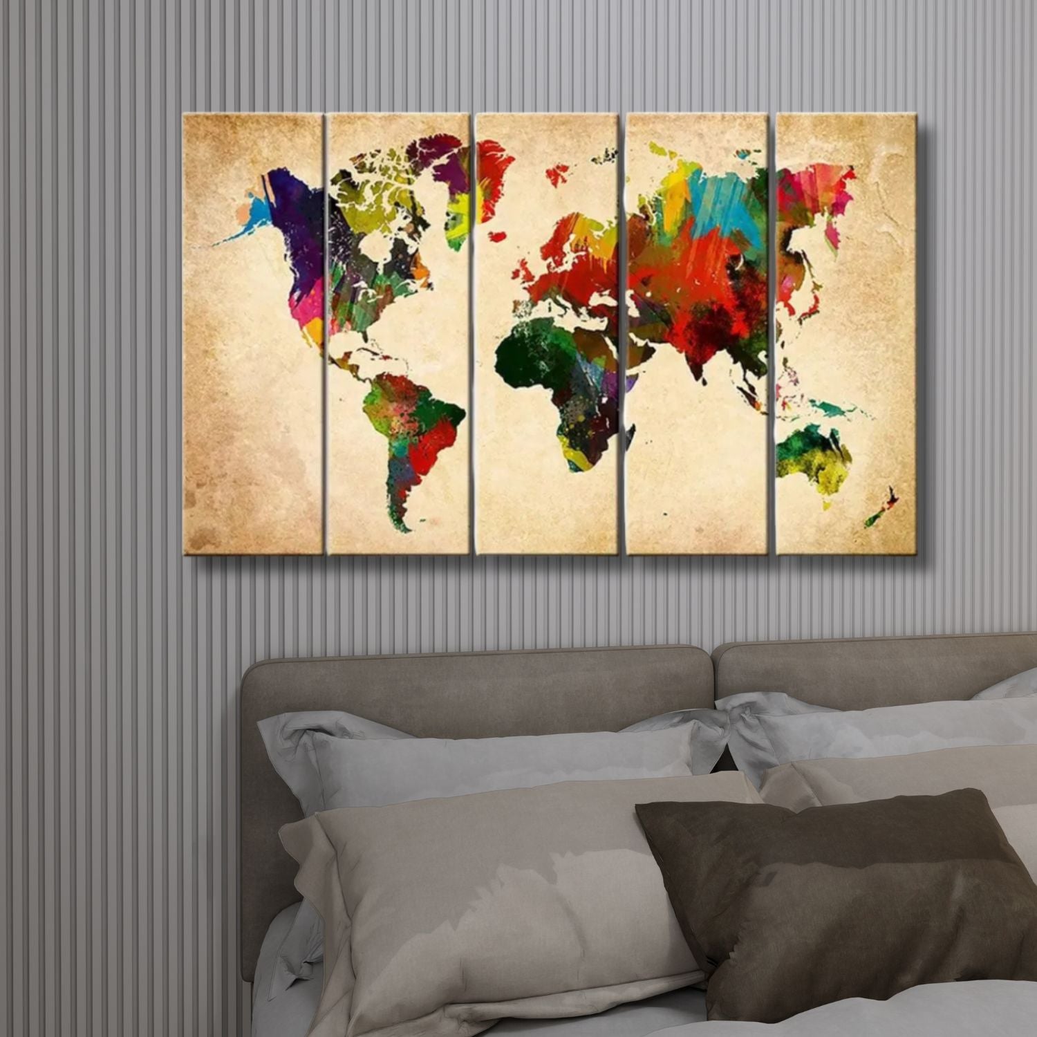 Elegant Colorful World Map Canvas Wall Art With Wooden Panels