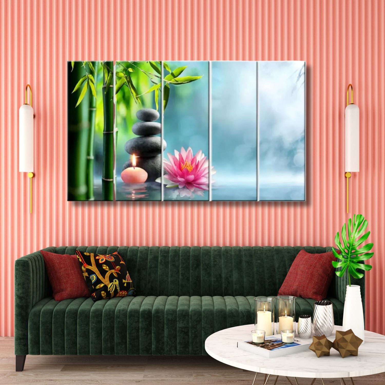 Beautiful Zen Bamboo Lotus Candle 5-Panel Canvas Wall Art Decor