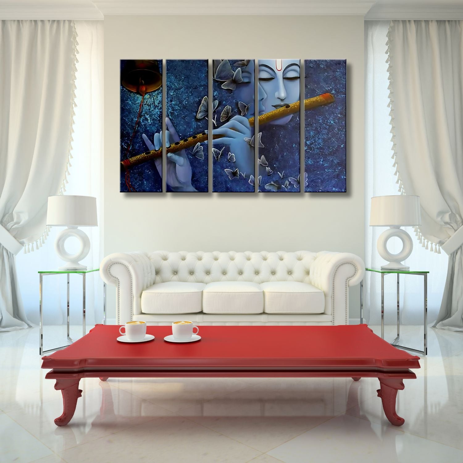 Lord Krishna Flute Playing Canvas Painting With Butterfly Design