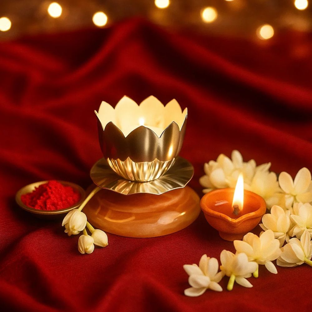 Elegant Silver Plated Shanti Deep With Lotus Design For Puja