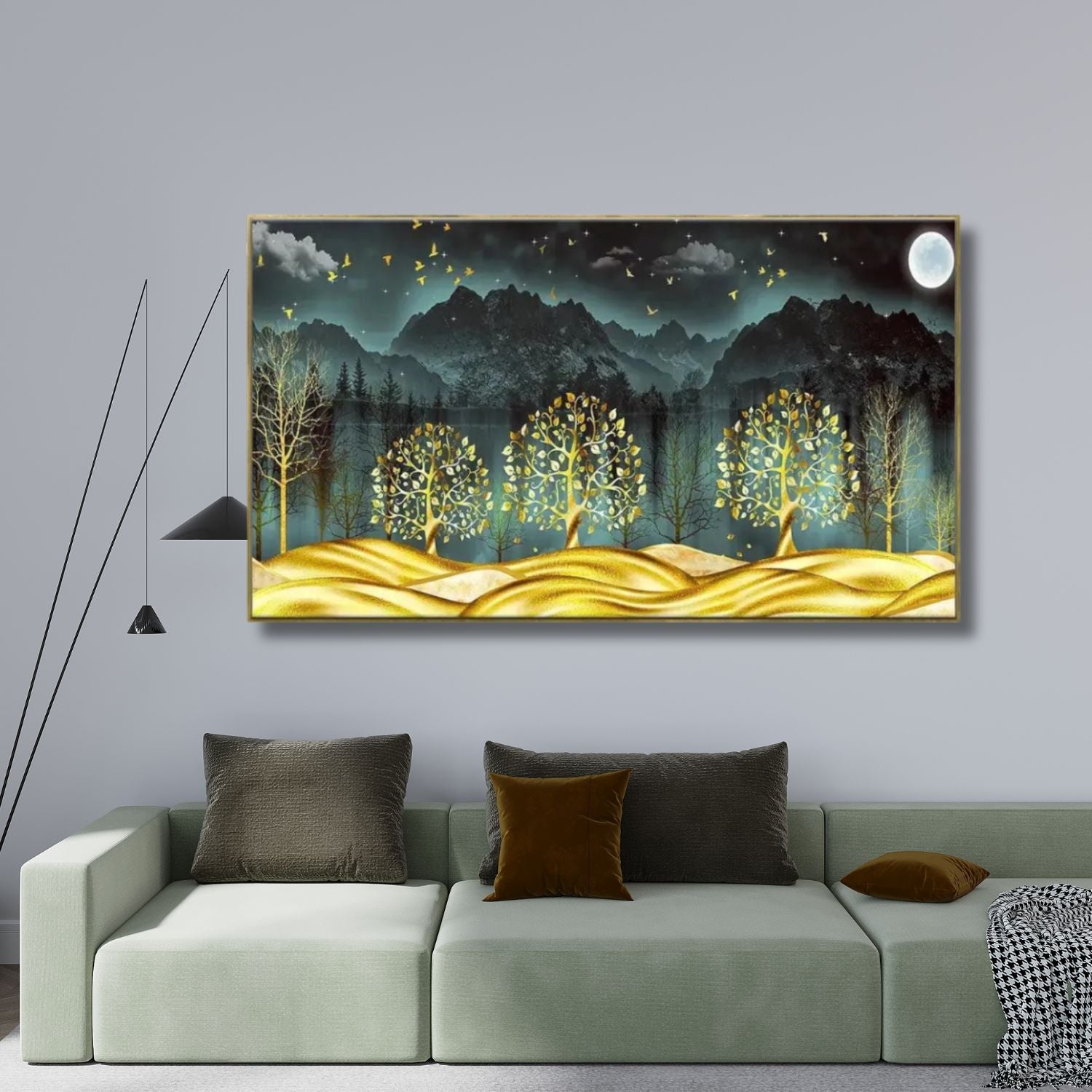 Golden Trees Under Moonlit Mountains Scenic Canvas Wall Art