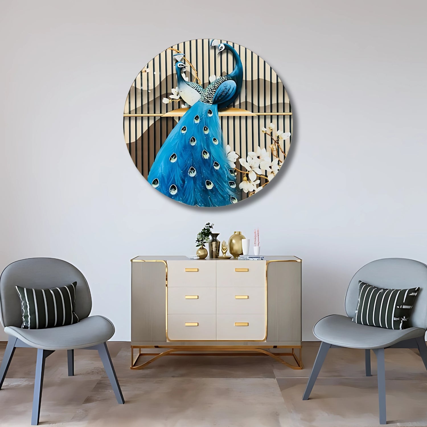 Elegant Round Wall Art With Royal Peacock Design For Home Decor