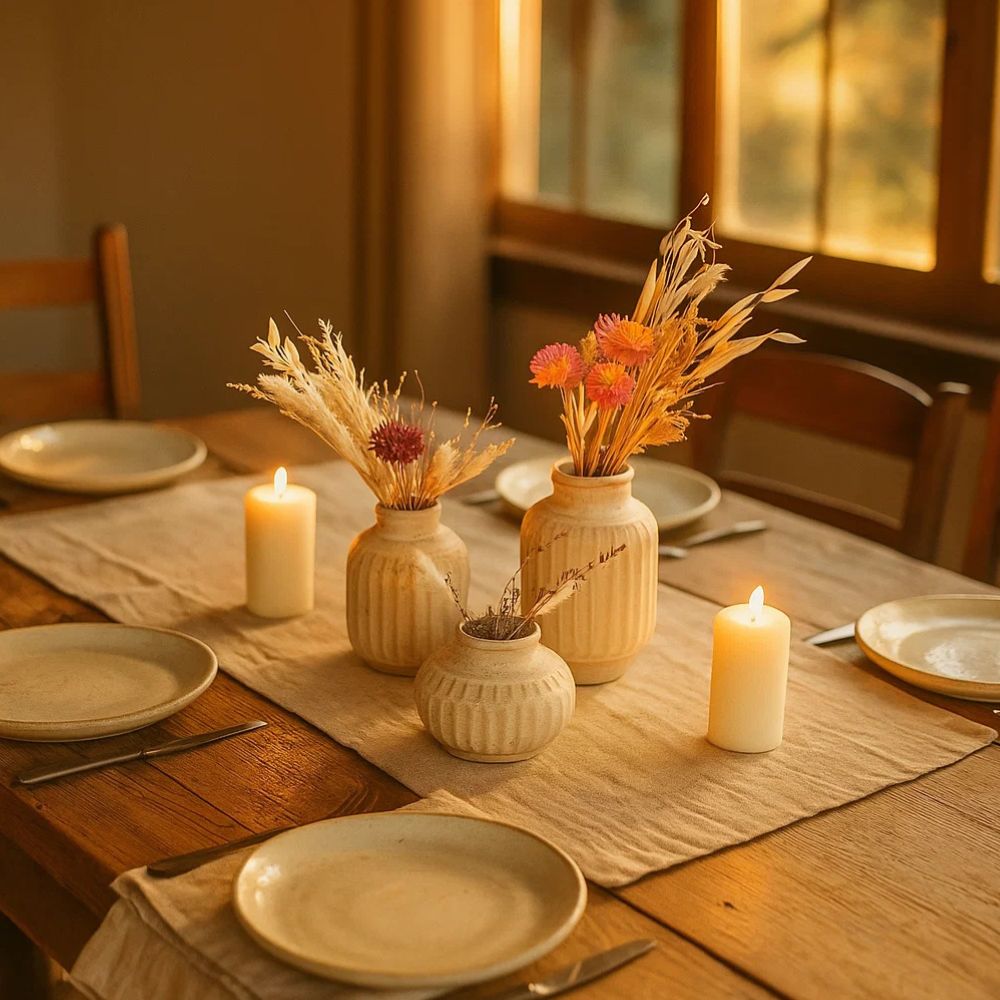 Rustic Handmade Ceramic Pottery Vase Set of 3 With Dried Bunch