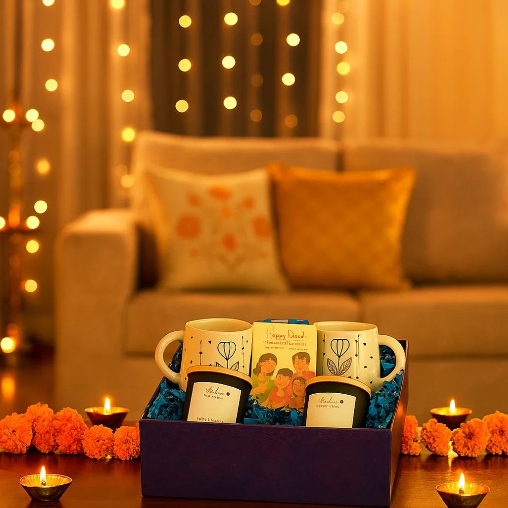 Sips & Sparks Diwali Gift Box With Hand-Painted Mugs & Scented Candles