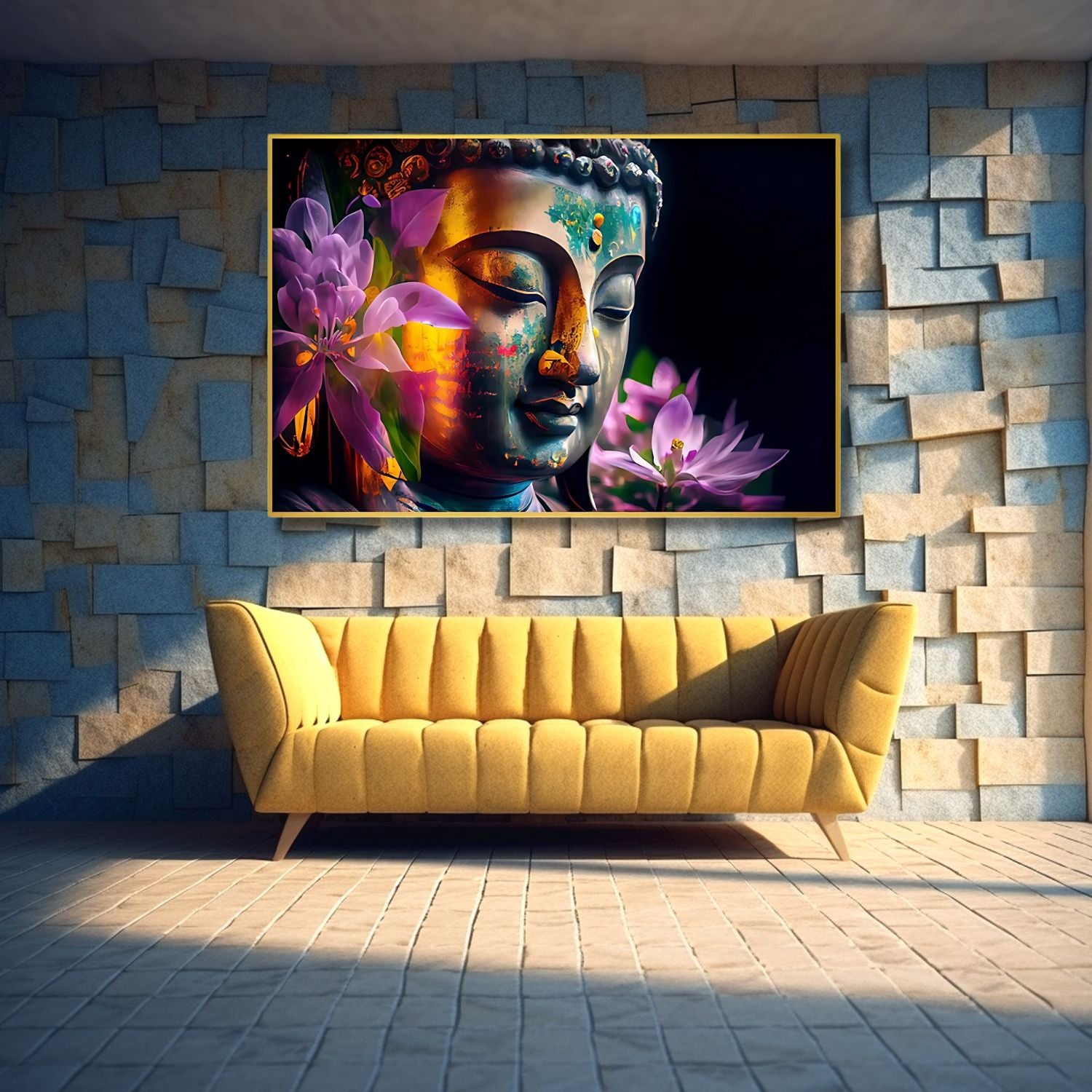 Serene Buddha Portrait With Blossoming Flowers Canvas Wall Art