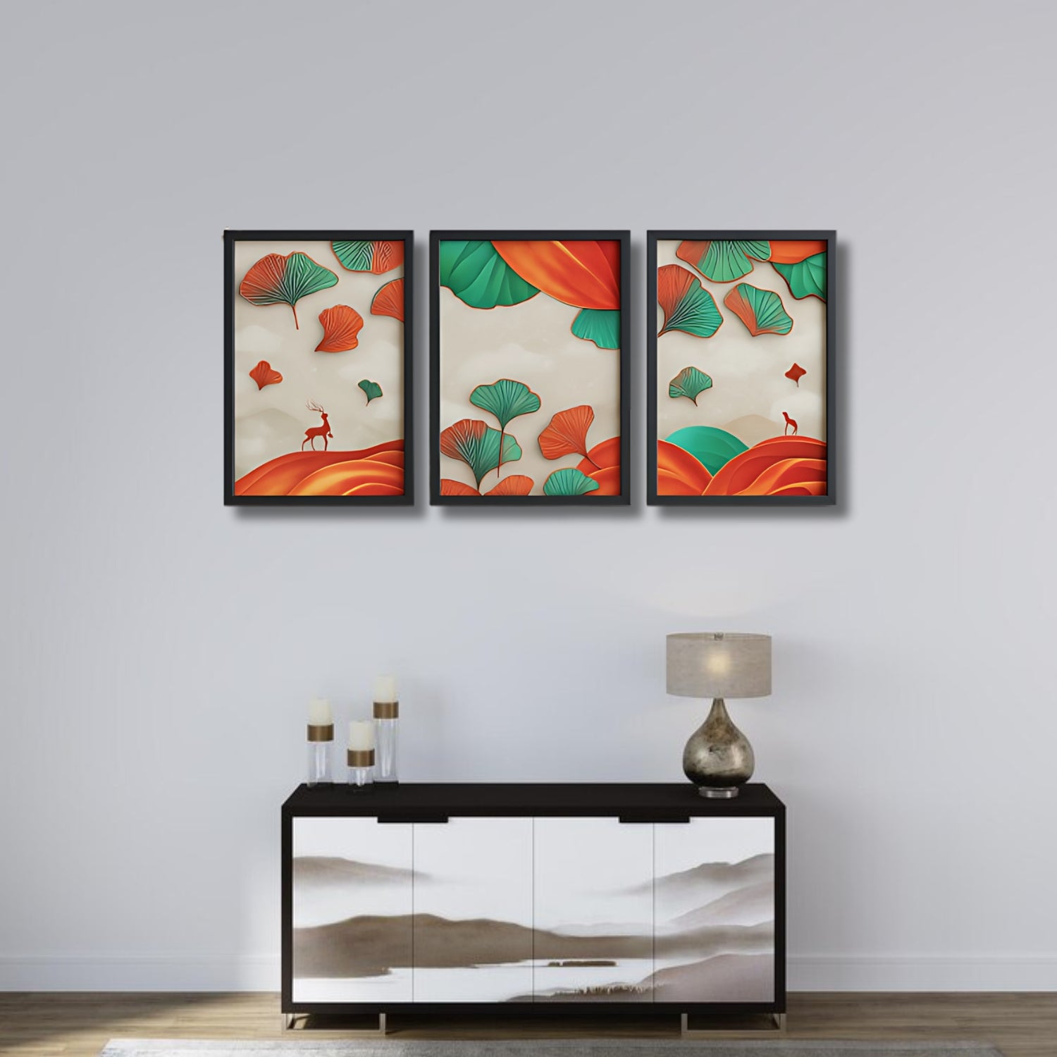 Abstract Colorful Ginkgo Leaf and Deer Canvas Wall Art Set of 3