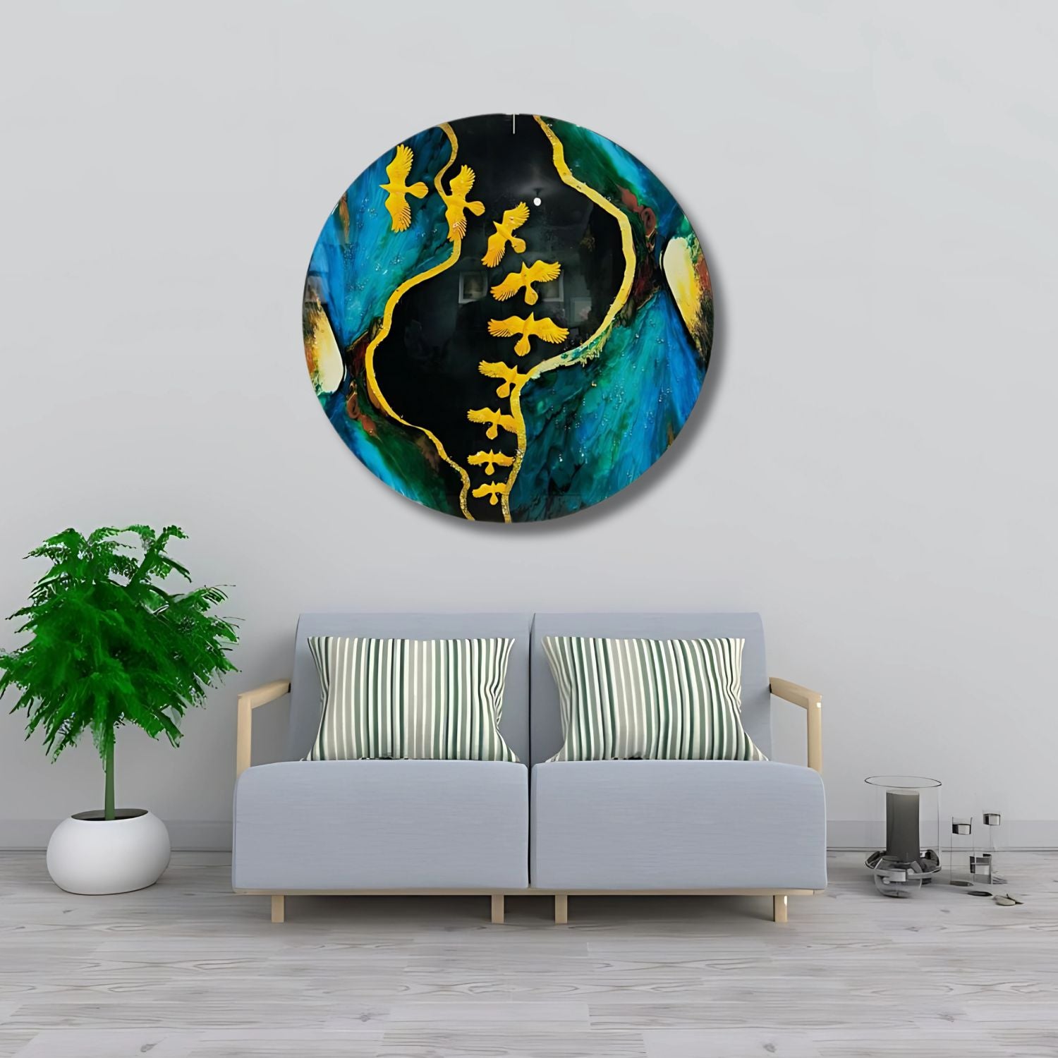 Abstract Round Wall Art With Golden Birds and Blue Tones