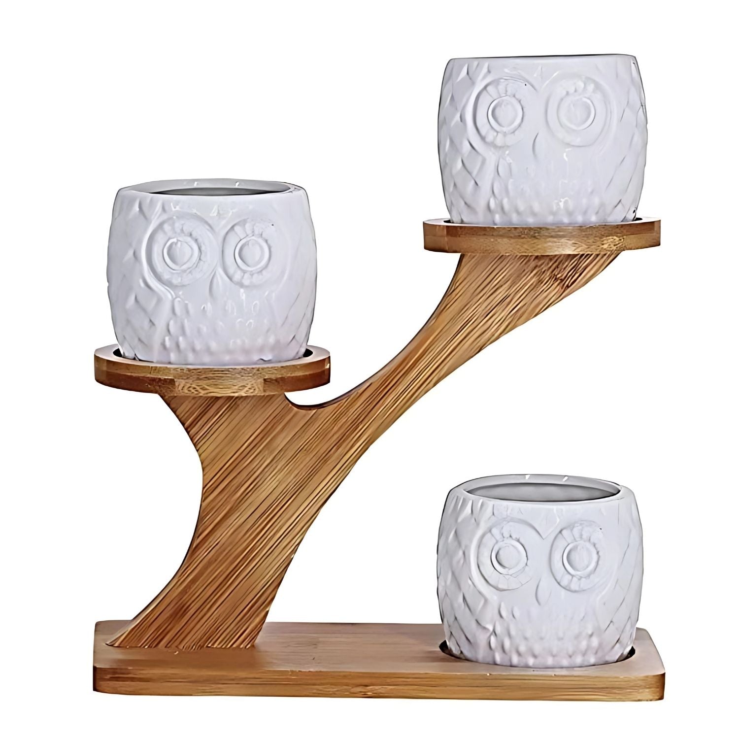 Elegant Multi-Tier Bamboo Plant Stand With 3 Ceramic Owl Planters