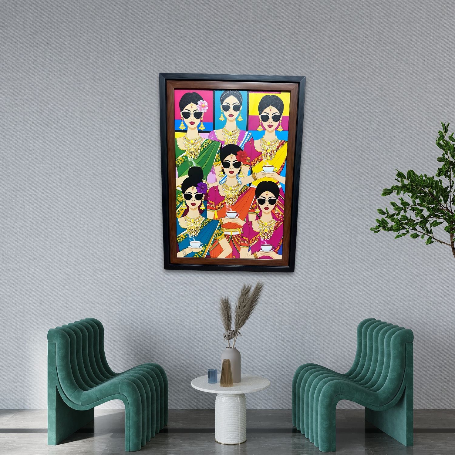 Elegant South Indian Women Pop Art Painting With Frame For Wall Decor